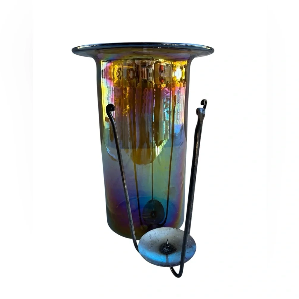 Crate & Barrel Iridescent Luster Hurricane Glass Candle Holder & Metal Insert